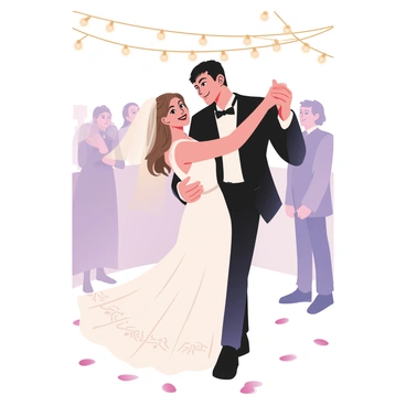A newlywed couple is dancing closely together. The man has medium skin and short black hair, wearing a classic black tuxedo with a white shirt and a bow tie. The woman has light skin with long wavy brown hair, adorned with a delicate veil, and is wearing an elegant white wedding gown with lace details and a flowing train. They are surrounded by twinkling fairy lights hanging overhead, creating a warm and intimate atmosphere. In the background, there are faint silhouettes of guests watching the couple with smiles, and the floor is decorated with rose petals scattered around.