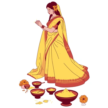 A bride is standing elegantly in a traditional yellow saree adorned with intricate gold embroidery. The saree drapes gracefully around her, showcasing delicate patterns that reflect cultural significance. Her hair is styled in a classic updo, embellished with vibrant orange flowers that contrast beautifully with the yellow fabric. The bride is applying a layer of turmeric paste on her hands, symbolizing the haldi ceremony. Surrounding her are small bowls filled with yellow turmeric and bright orange marigold petals, adding to the festive atmosphere. The setting is adorned with colorful decorations that highlight the joyous occasion.