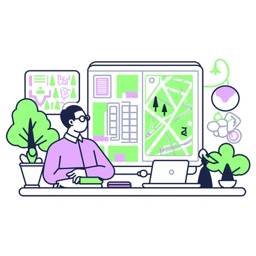 A city planner is sitting at a large table covered with blueprints and green design models. The planner is a middle-aged person with glasses, dressed in a casual button-up shirt and slacks. In front of them, there are detailed diagrams showcasing various layouts of urban green spaces. Surrounding the table, there are potted plants and small trees, creating an atmosphere of nature indoors. On one side, a large corkboard displays images of trees and parks, along with notes on CO2 reduction strategies. A laptop is open, showing a digital map of the city with proposed green areas marked in bright colors.