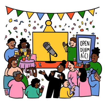 A lively open mic night scene in a cozy venue filled with a mix of people. On stage, a microphone stands in front of a colorful backdrop, while a spotlight shines down illuminating it. Aspiring comedians of various ethnicities are gathered, some sitting at small tables with drinks, and a few are pacing nervously. One comedian with dark skin and big eyes is adjusting their notes, while another comedian with light skin and big eyes is practicing their routine in front of a mirror. The audience is engaged, with laughter and chatter filling the air, and colorful banners hanging overhead adding to the energetic atmosphere.