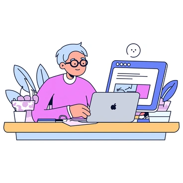 A product owner is seated at a wooden table in a café, working on a sleek silver laptop. The laptop's screen displays user feedback. The product owner has short hair and is wearing glasses, focused intently on the screen. On the table, there is a cup of steaming coffee and a small notebook with a pen beside it. The surrounding café has light-colored walls and a few potted plants, creating a cozy atmosphere.