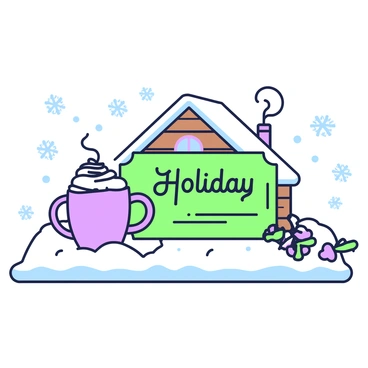 A winter holiday voucher is displayed prominently in the center. In the background, a cozy cabin with smoke gently rising from the chimney is surrounded by a layer of snow. The cabin has wooden walls and a sloped roof. To the side, there are two steaming mugs of hot chocolate placed on a snow-covered surface, with whipped cream and chocolate shavings on top. Snowflakes are softly falling around, creating a festive atmosphere. In the foreground, the voucher features decorative elements and text that highlight the winter holiday theme.