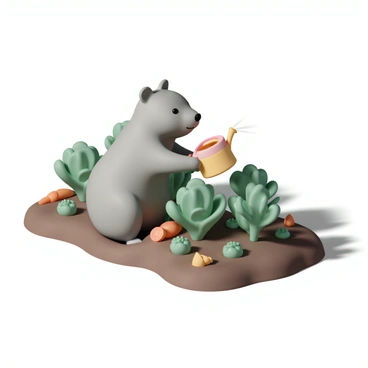 A wombat, with soft gray fur and a stout body, is squatting in a garden filled with vibrant green vegetables. The garden has rows of leafy lettuce, plump tomatoes, and bright orange carrots peeking from the soil. The wombat is gently holding a small, colorful watering can, tilting it slightly to pour water onto the plants. Sunlight casts gentle shadows on the ground, highlighting the textures of the dirt and the greenery surrounding the wombat. The scene conveys a sense of nurturing, as the wombat carefully tends to its garden.