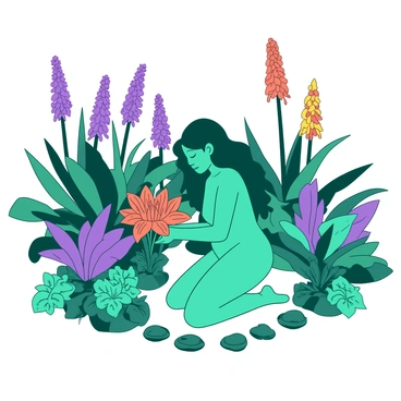 A teal figure representing "Yavanna" is kneeling in the center of a vibrant garden filled with various exotic plants. She is surrounded by large, broad-leaved tropical plants, some with striking patterns and others with bright, unusual shapes. In her hands, she gently tends to a cluster of bright orange flowers that bloom majestically among the greenery. The garden is alive with color, featuring tall stems of purple and yellow blossoms swaying slightly in a gentle breeze. A small pathway made of smooth stones leads through the garden, lined with clusters of smaller plants featuring intricate leaves and petals. Yavanna's hair flows gracefully as she focuses on nurturing her lush surroundings.