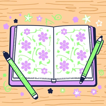 An open journal lies on a wooden table. The pages showcase intricate floral designs in a repeating pattern. Surrounding the journal, there are various doodles, including stars, hearts, and swirls drawn in a playful manner. The journal has a textured cover with a visible spine, and a green pen rests beside it. The table has a natural wood grain pattern that adds warmth to the scene.