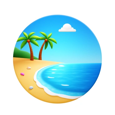 A tropical beach with crystal clear waters. The sandy shoreline is lined with tall palm trees swaying gently in the breeze. The bright blue sky is dotted with a few fluffy white clouds. The sun casts vibrant reflections on the water, creating a sparkling effect. A few seashells are scattered across the sand, adding to the beach's natural beauty.