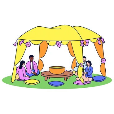 An outdoor haldi ceremony taking place under a large, decorated canopy. The canopy is adorned with bright yellow and orange drapes that flow elegantly, creating a vibrant atmosphere. Soft natural light filters through the fabric, casting gentle shadows on the ground. In the center, a wooden platform holds a traditional circular bowl filled with haldi paste. Surrounding the platform, guests are seated on colorful cushions arranged on the grass. Floral garlands hang from the canopy, adding a festive touch.