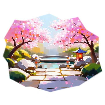 An exotic oriental garden features numerous cherry blossom trees in full bloom, their delicate pink flowers cascading gracefully from the branches. A tranquil pond is situated in the center of the garden, its surface reflecting the vibrant colors of the blossoms. Surrounding the pond, smooth stones are arranged artistically, and lush greenery enhances the scene. Small lanterns made of stone are placed along the path leading to the pond, inviting visitors to explore the serene surroundings. The gentle breeze causes the petals to flutter softly to the ground, creating a picturesque atmosphere.