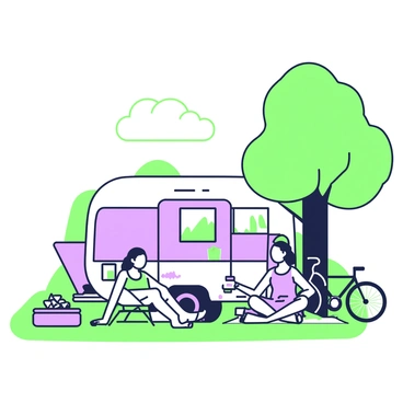 A couple is sitting beside their caravan at a campsite. The caravan is parked on a grassy area, partially shaded by a large tree. The man is reclining in a camping chair, wearing a T-shirt and shorts, while the woman is sitting cross-legged on a picnic blanket, wearing a sundress. They are both enjoying drinks from mugs. In the background, there is a scenic view of rolling hills and a clear sky, with a few fluffy clouds. A small fire pit with a few logs sits nearby, and a bicycle is leaned against the caravan.