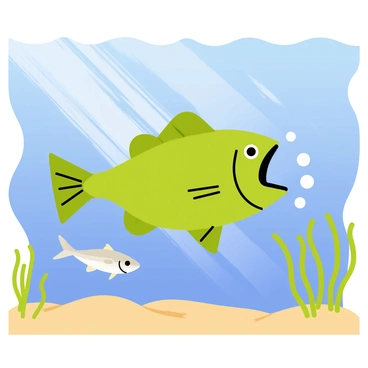 A large greenish-brown largemouth bass with a wide mouth is lunging towards a small silver fish in a dynamic underwater scene. Bubbles trail behind the bass as it swiftly moves through the clear blue water. The smaller fish is positioned in the foreground, darting away with a splash, its fins spread wide. Sunlight filters down from above, casting rippling shadows on the sandy bottom. Aquatic plants sway gently in the current, adding to the vibrant underwater environment.
