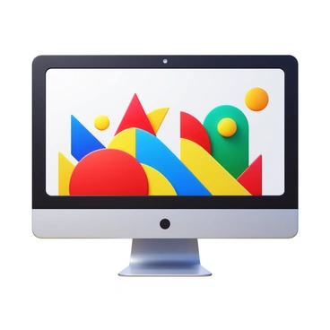 A computer display featuring a vibrant vector art illustration. The illustration contains various geometric shapes in bright colors such as red, blue, yellow, and green. The shapes are arranged in a dynamic composition, creating a sense of movement. The display is shown from a slight angle, highlighting the sleek design of the computer. The background of the illustration is a clean white, enhancing the vividness of the colors.
