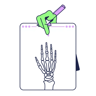 An artist's hand sketching a detailed drawing of hand bones.
