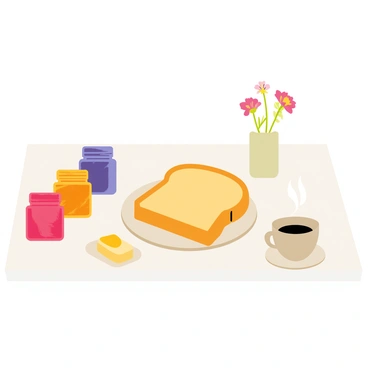 A cozy breakfast table set with a plate of toast topped with colorful jam jars beside it.