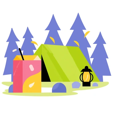 A juice box next to a tent in a campsite, with a lantern and fireflies around.