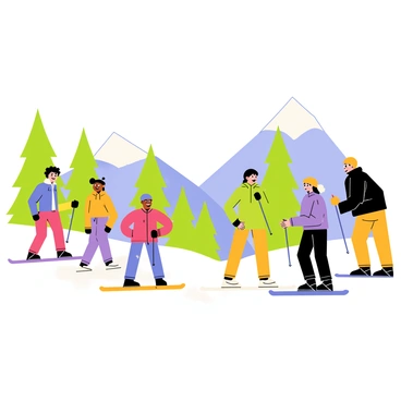 A group of friends with diverse backgrounds is skiing and snowboarding in a snowy mountain landscape. There are three friends on skis; one has curly hair and a bright red ski jacket, another wears a blue beanie and a green jacket, while the third is in a purple outfit. Nearby, two friends are snowboarding; one has long straight hair and a black winter coat, and the other wears a yellow helmet and orange pants. The scene is filled with tall, snow-covered pine trees and a clear blue sky overhead. Each friend is smiling and having fun, creating an atmosphere of joy and camaraderie.