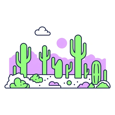 A desert landscape is filled with tall, spiky cacti scattered throughout the scene. Some cacti have multiple arms stretching upwards, while others stand solitary, showcasing their unique shapes. The ground is sandy and dry, with patches of rocky terrain visible between the cacti. In the background, the sun is positioned high in the sky, casting distinct shadows from the cacti onto the ground. A few wispy clouds float peacefully above, adding depth to the clear sky. The overall composition emphasizes the vastness and aridity of the desert environment.