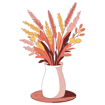A white ceramic vase filled with a variety of dried flowers in shades of orange and yellow. The dried flowers include wheat stalks, eucalyptus leaves, and small orange blooms. The vase sits on a wooden surface, with soft natural light highlighting the textures of the flowers and the smooth surface of the vase. The arrangement of flowers creates a balanced composition, with taller stems in the center and shorter ones framing the sides.