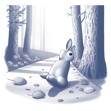 A rabbit's foot positioned on a forest pathway. The foot is detailed, showing the fur texture and the claws. Surrounding it are various fallen leaves in different shapes and sizes, partially covering the ground. Sunlight filters through the tree canopy above, casting soft shadows on the pathway. The background features tall trees with rough bark and dense foliage, enhancing the natural setting.
