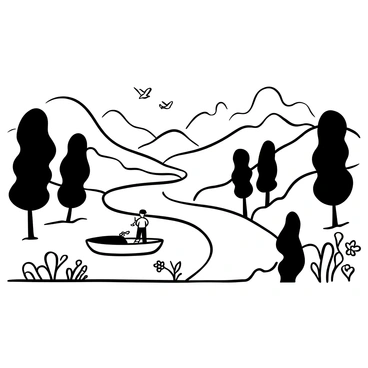 The Fulda River winding through a lush landscape, surrounded by rolling hills and trees. The water flows gently, reflecting the silhouettes of the nearby mountains. A small wooden boat floats on the river, with a person standing calmly inside it, holding a fishing rod. Several birds can be seen flying above the water, and there are clusters of wildflowers along the riverbank.
