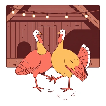 Two orange turkeys are dancing the tango in the center of a rustic barn. Their feathers are slightly ruffled as they move gracefully, with one turkey leading and the other following. Above them, several warm white string lights are hanging, illuminating the scene with a soft glow. The barn's wooden beams and hay scattered on the floor create an authentic barn atmosphere. The turkeys' feet are elegantly positioned as they perform, showcasing their vibrant plumage against the earthy tones of the barn surroundings.
