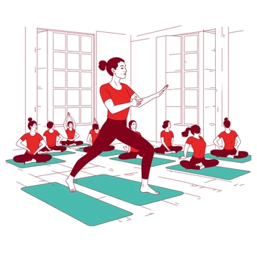 A red yoga instructor with a serene expression is demonstrating a pose in a sunlit studio. The walls of the studio are white, enhancing the brightness of the room. Around the instructor, there are several participants on teal yoga mats, all following the pose. Some participants are in seated positions while others are standing, engaged in the exercise. Sunlight is streaming through large windows, casting soft shadows on the smooth wooden floor.
