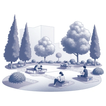 A city park filled with various types of plants. There are tall trees providing shade and a variety of shrubs and flowers scattered throughout the area. People are sitting on benches and picnic blankets, enjoying the greenery around them. Some individuals are reading books, while others are engaged in conversation or simply taking in the surroundings. The pathways in the park are lined with stones, and there is a sense of tranquility as people unwind amidst the diverse plant life.
