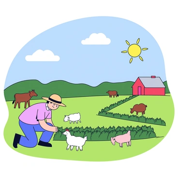 A vast farmland under a clear blue sky filled with bright sunshine. In the foreground, a farmer wearing a straw hat is kneeling down, carefully tending to rows of green crops. Nearby, several animals are grazing on the lush grass, including a brown cow, a white sheep, and a few chickens pecking at the ground. A red barn is visible in the background, completing the farm setting.