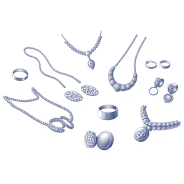 A display of various pieces of jewelry showcasing a fusion of Indian and modern styles. There are intricate necklaces featuring traditional Indian motifs like paisleys and floral designs, alongside sleek, contemporary chain links. Several pairs of earrings are present, including jhumkas blended with minimalist designs, offering a unique contrast. The rings feature ornate detailing combined with smooth, modern finishes. Each piece is crafted with meticulous attention to detail, highlighting a combination of traditional craftsmanship and modern aesthetics.