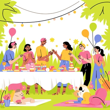 A vibrant garden party scene filled with colorful flowers in full bloom. Friends are gathered around a long table adorned with a white tablecloth, featuring an array of delicious treats like cupcakes, fruit platters, and sandwiches. Strings of warm fairy lights are draped overhead, illuminating the area with a soft glow. Some friends are laughing and chatting while others are sitting on picnic blankets spread across the grass. Balloons in various colors float gently in the breeze, adding to the festive atmosphere.