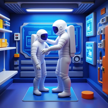 An astronaut in a sleek space suit is assembling a bright, high-tech space suit within a futuristic laboratory. The laboratory is filled with advanced technological equipment and vibrant lighting, illuminating the various components of the space suit. The astronaut is focused on carefully attaching a helmet to the suit, surrounded by tools and gadgets that enhance the suit's functionality. The walls of the laboratory are adorned with digital screens displaying data and schematics related to space exploration.