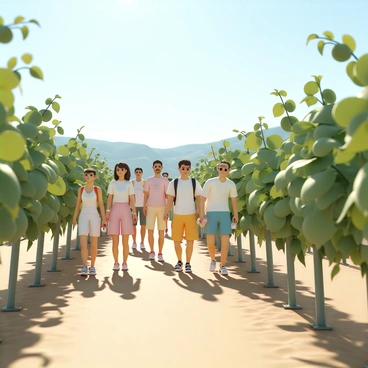 A group of tourists is walking through a lush vineyard filled with rows of vibrant green grapevines. The tourists are a diverse mix of men and women, all dressed in light summer clothing suitable for a warm day. Some are carrying small cameras, capturing the picturesque scenery. The sunlight filters through the leaves of the grapevines, casting playful shadows on the ground. In the background, rolling hills and a clear blue sky enhance the idyllic landscape.