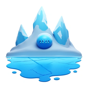 A beholder with multiple eyes and a large, spherical body floating in an icy realm. Towering icebergs rise dramatically from the frozen landscape, glistening under the light. Below, a vast frozen lake reflects the icy surroundings, with cracks and patterns etched into the surface. The atmosphere is cold and crisp, with a palette of blues and whites dominating the scene.