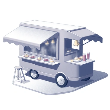 A food truck parked on a street corner. The truck has a large awning with "sleigh bells" hanging from it, creating a charming decorative element. The serving window is open, showcasing an array of warm, inviting treats. There are steaming cups of mulled wine displayed prominently, with aromatic spices visible. On the counter, several plates of mince pies are arranged, each topped with a dusting of powdered sugar. The surroundings include a few scattered chairs and a festive atmosphere.