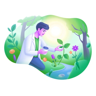 A researcher in a white lab coat is kneeling on the ground, carefully collecting samples with a small container. The scene is filled with vibrant green foliage, including various plants and flowers, creating a rich outdoor environment. Sunlight filters through the trees, casting dappled shadows on the ground. The researcher has a focused expression as they examine the plants around them. In the background, there are hints of colorful wildflowers and a small stream flowing nearby.