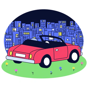 A convertible parked on a hilltop overlooking a sprawling, lit-up cityscape