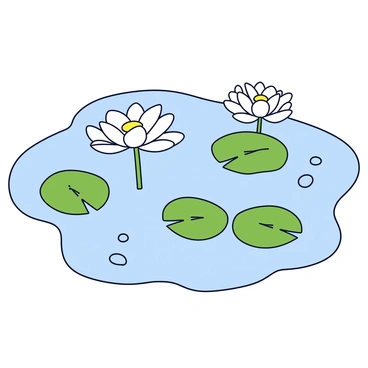 A tranquil pond with clear water is filled with several white lilies. The lilies have broad, flat green leaves that float on the surface of the water. Each lily features delicate white petals that are open, revealing a subtle yellow center. The surface of the water is slightly rippled, reflecting the serene surroundings. Tiny bubbles can be seen rising to the surface around the lilies.