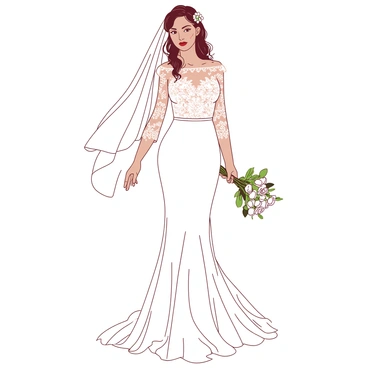 A white bride is standing gracefully in an elegant pose, wearing an intricate lace wedding dress that features delicate floral patterns throughout. The dress has a fitted bodice with long, sheer lace sleeves. A long flowing veil cascades down from the back of her head, lightly resting on her shoulders and pooling gently on the ground. The bride's hair is styled in soft waves, embellished with small white flowers woven throughout. She is holding a small bouquet of fresh white roses and green foliage, adding a touch of nature to her exquisite look.