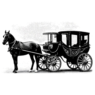 An elegant horse-drawn carriage is positioned prominently in the center of the image. The carriage features ornate designs, with intricate gold patterns embellishing its surface. The wheels are large and intricately detailed, showcasing the craftsmanship of the vehicle. A majestic horse, adorned with a finely crafted harness, stands in front of the carriage. The background consists of softly blurred natural scenery, enhancing the focus on the carriage and horse.