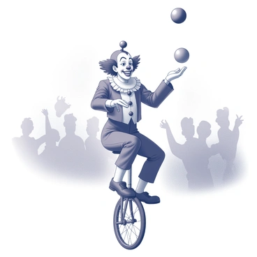 Feathers McGraw is depicted as a clown, wearing a traditional clown costume with oversized shoes and a bright, exaggerated smile. He is skillfully juggling several balls, which are round and vibrant, in mid-air. The juggling balls are arranged in a dynamic arc, showcasing his precise movements. He is balancing on a unicycle, which is a classic circus element, with one foot firmly on the pedal while the other foot hovers above the ground. The setting is filled with a sense of motion and excitement, emphasizing the lively atmosphere of a bustling circus, with the audience cheering in the background.