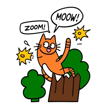 A tattoo depicting a comic strip panel with an adventurous cat. The cat has orange and white stripes, big eyes, and an excited expression. It is shown leaping over a tall fence in a dynamic pose. The background includes stylized trees and bushes, giving the impression of a playful outdoor setting. Speech bubbles above the cat contain action words like "Zoom!" and "Meow!" The comic strip panel has bold black outlines, emphasizing the lively scene and adding to the cartoonish effect of the tattoo.