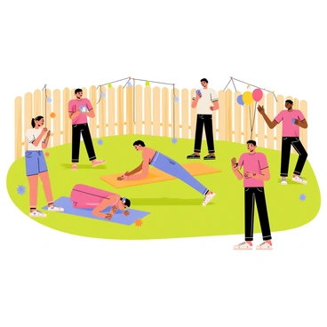 A backyard with green grass and a wooden fence is the setting for a diamond push-up challenge. In the center, a group of four friends is positioned on colorful exercise mats. One friend is in the diamond push-up position, with hands close together forming a diamond shape beneath their chest. Two other friends are cheering enthusiastically nearby, one holding a stopwatch and the other clapping. The fourth friend is taking a video with a smartphone, capturing the moment. Sunlight shines down, casting soft shadows on the grass. There are a few colorful outdoor decorations in the background, like string lights and balloons, adding to the playful atmosphere.