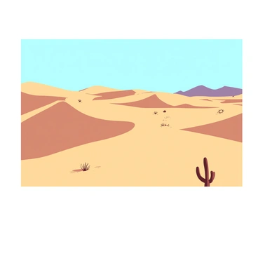 A vast desert landscape features rolling sand dunes that stretch towards the horizon. The sun is bright and casts sharp shadows across the undulating surface of the dunes. The sandy textures create a contrast between light and shadow, emphasizing the curves of the landscape. In the distance, a few sparse desert plants dot the dunes, adding subtle variations to the golden sands. The sky above is clear and blue, complementing the warm tones of the sandy terrain.