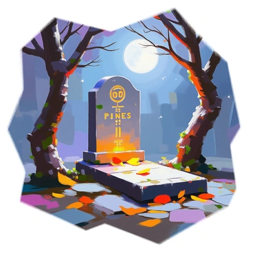 A mysterious tombstone stands in an overgrown graveyard, illuminated by the soft glow of the moonlight. The stone is weathered and covered in moss, with ancient runes carved deeply into its surface. These runes emit a faint, ethereal light, casting shadows on the ground nearby. Surrounding the tombstone are twisted trees with gnarled branches, and the ground is littered with fallen leaves, enhancing the eerie atmosphere. The night sky above is dotted with stars, adding to the sense of mystery in the scene.