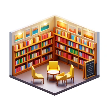 A small, cozy bookstore in Casablanca with wooden shelves filled with colorful books. The shelves are neatly arranged, showcasing a variety of genres from fiction to non-fiction. Soft warm lighting illuminates the space, creating a welcoming atmosphere. A few comfortable chairs are positioned around a small reading table, inviting visitors to sit and browse. The walls are adorned with artwork depicting scenes from the city, adding to the charm of the bookstore. A small section near the entrance features a chalkboard with handwritten book recommendations.