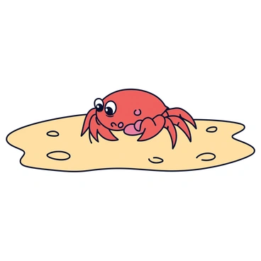 A small crab with a reddish-brown shell is scuttling across wet sand. The crab has large, expressive eyes and tiny pincers that are slightly raised. As it moves, it leaves a trail of tiny footprints behind in the sand. The wet sand glistens under a soft light, enhancing the details of the footprints and the texture of the crab's shell.