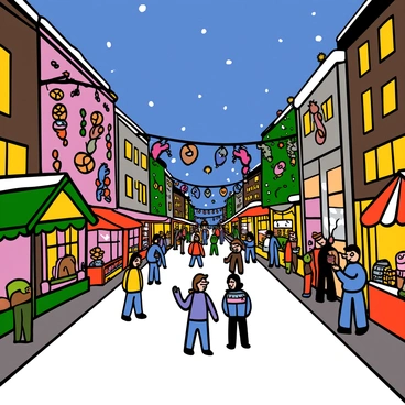 Dundee city center bustling with people enjoying the holiday season. The scene is illuminated by "twinkling festive lights" adorning the buildings and trees. Brightly colored decorations hang from storefronts, creating a cheerful atmosphere. Snow is gently falling, covering the ground in a white blanket. Various holiday market stalls with "exquisite crafts" and "delicious treats" are set up along the street, attracting visitors. The sky is a deep twilight blue, contrasting with the bright lights of the city.