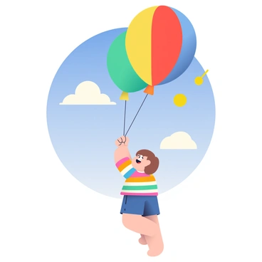 A child with light brown hair is holding onto a large, colorful balloon that is drifting upward into the sky. The balloon is round and features a mix of bright colors, including red, blue, yellow, and green. The child is wearing a striped t-shirt with a variety of colors and shorts. Their eyes are wide with excitement as they gaze at the balloon. The background shows a clear blue sky with a few fluffy white clouds scattered throughout. The sun is shining brightly, illuminating the scene. The child's feet are just above the ground, emphasizing the balloon's upward movement.