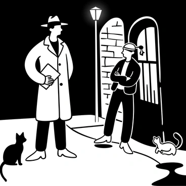 A detective dressed in a long trench coat confronts a suspect leaning against a brick wall in a darkened alley. The alley is illuminated by a single flickering streetlight casting shadows on the ground. The detective holds a notepad in one hand while the other hand rests on his hip, subtly signaling authority. The suspect is wearing a leather jacket and has crossed arms, displaying a defensive posture. Puddles on the ground reflect the faint light, adding to the tension of the scene. Nearby, a stray cat watches the confrontation, adding a sense of unease to the atmosphere.