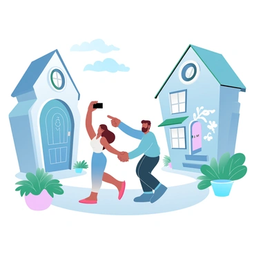 A man and a woman are walking hand in hand through a quaint village. They are surrounded by charming, colorful buildings with unique architectural features, such as ornate facades and decorative window frames. The woman is holding a camera up, capturing the details of a beautifully designed door with intricate carvings. The man is pointing towards another building with a vibrant mural on the wall. Lush greenery and flower pots adorn the streets, adding to the picturesque atmosphere. A few fluffy clouds are visible in the sky, creating a cheerful ambiance.