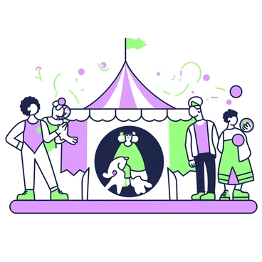 A large circus tent is visible in the distance, with its iconic peaked roof and broad stripes. In the foreground, a group of performers is taking their final bow on a stage, showcasing a variety of costumes. One performer is wearing a vibrant leotard with sequins, while another is dressed as a clown with oversized shoes and a big red nose. A juggler stands nearby, holding brightly colored balls in one hand. The audience can be seen applauding in the background, creating an atmosphere of celebration and achievement.